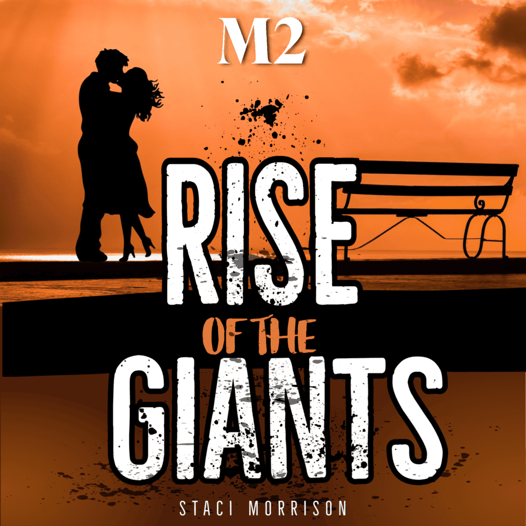 Orange and dark brown audible cover, m2 rise of the giants, a couple kissing with a park bench in the background.