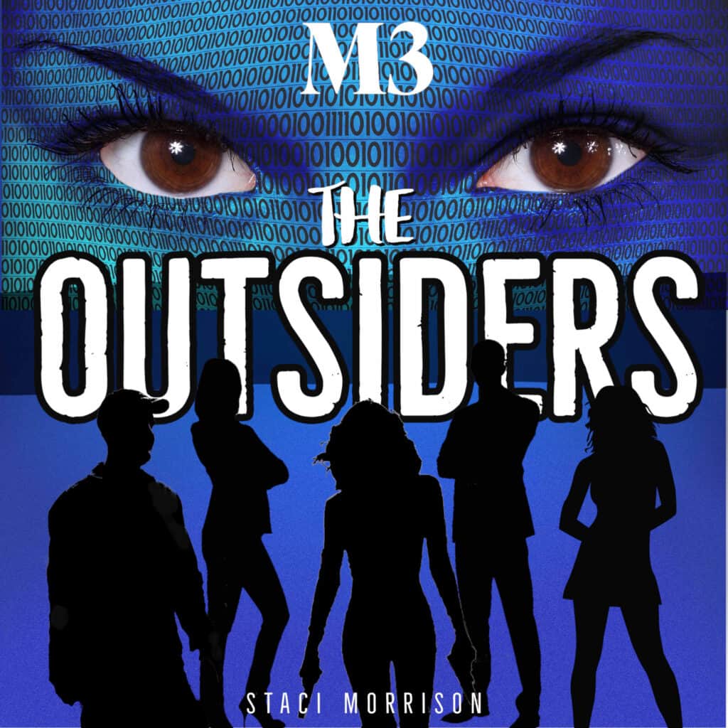 Blue and turquoise audiobook cover, sinister eyes, shadow figures, m3 the outsiders