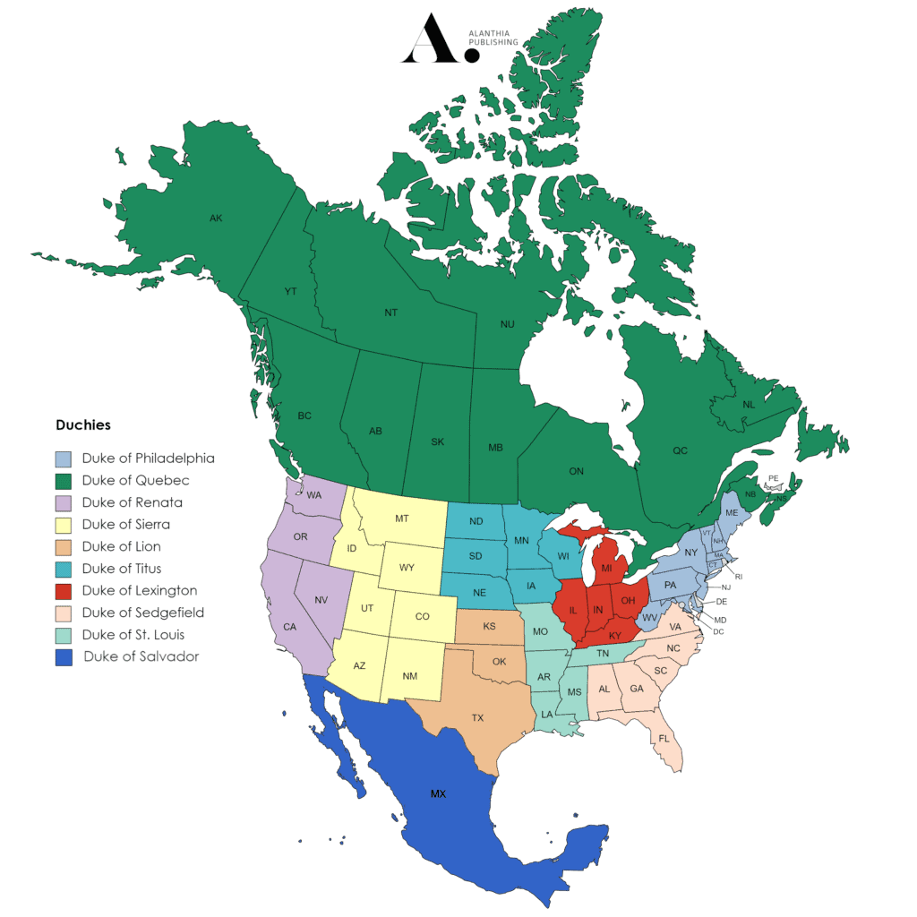 North american map of dukedoms in the future, alanthia. The millennium series